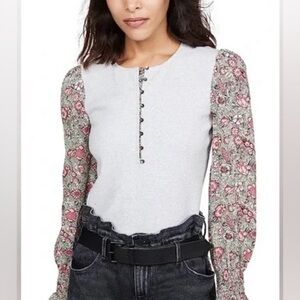 La Vie Rebecca Taylor Grey Rib Knit Henley Floral Baloon Sleeves (darker gray) M